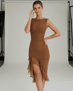 Sienna Midi Dress – Brown ruched dress with ruffle hem, sleeveless design, elegant style by Lauven.
