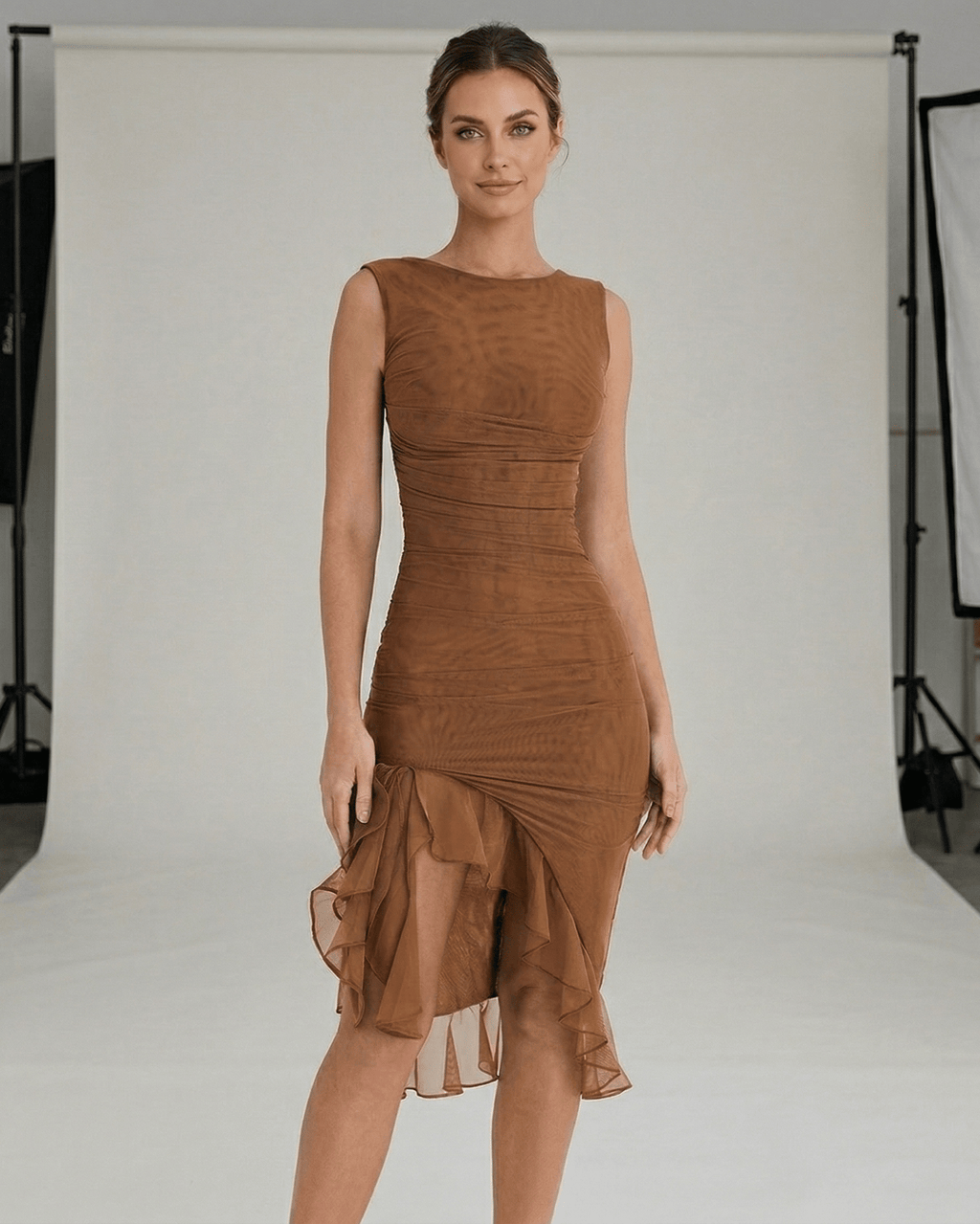 Sienna Midi Dress - Brown ruched dress with ruffle hem, enhancing curves, perfect for daytime and evening wear by Lauven.