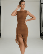 Sienna Midi Dress - Brown ruched sleeveless dress with ruffle hem, elegant and alluring from Lauven.