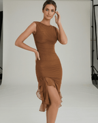Sienna Midi Dress – Brown ruched midi dress with ruffle hem, creating an alluring silhouette by Lauven.