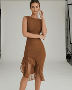 Sienna Midi Dress - Brown Ruched Midi Dress with Ruffle Hem by Lauven, offering elegance and allure in a sculpting design.
