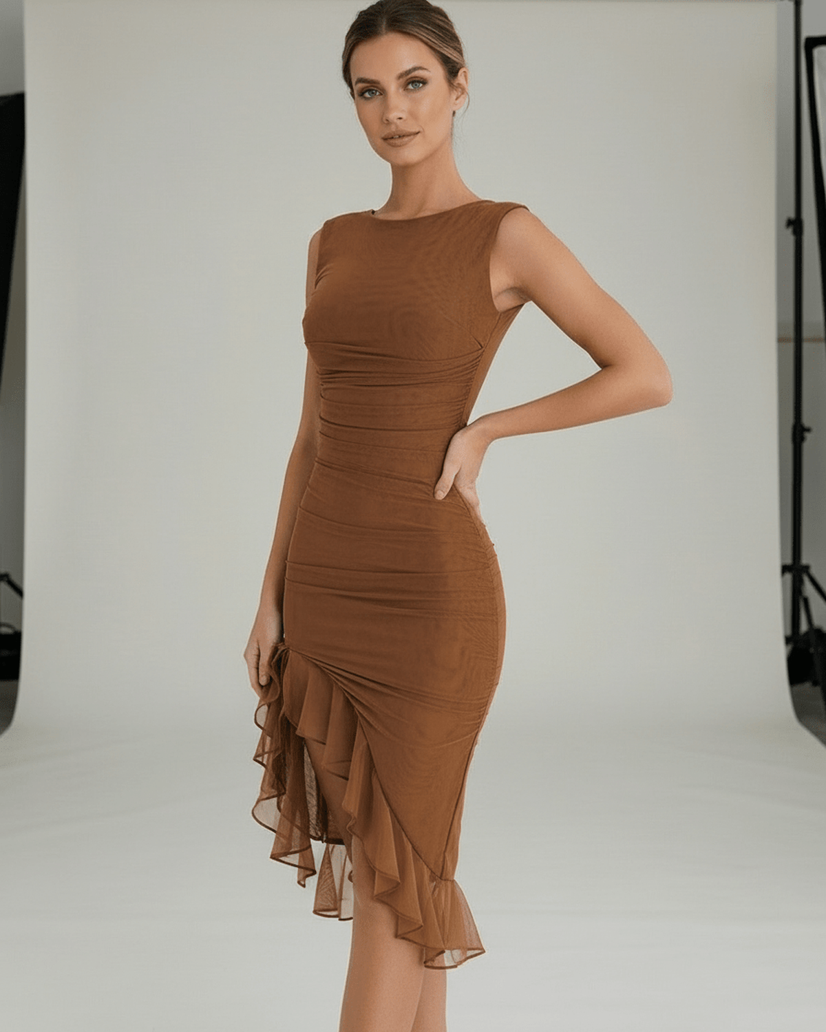Sienna Midi Dress - Brown ruched midi dress with ruffle hem by Lauven, offering elegance and effortless allure.