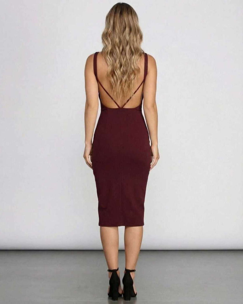 Sienna Midi Dress - Burgundy bodycon dress with open back, elegant silhouette by Lauven.