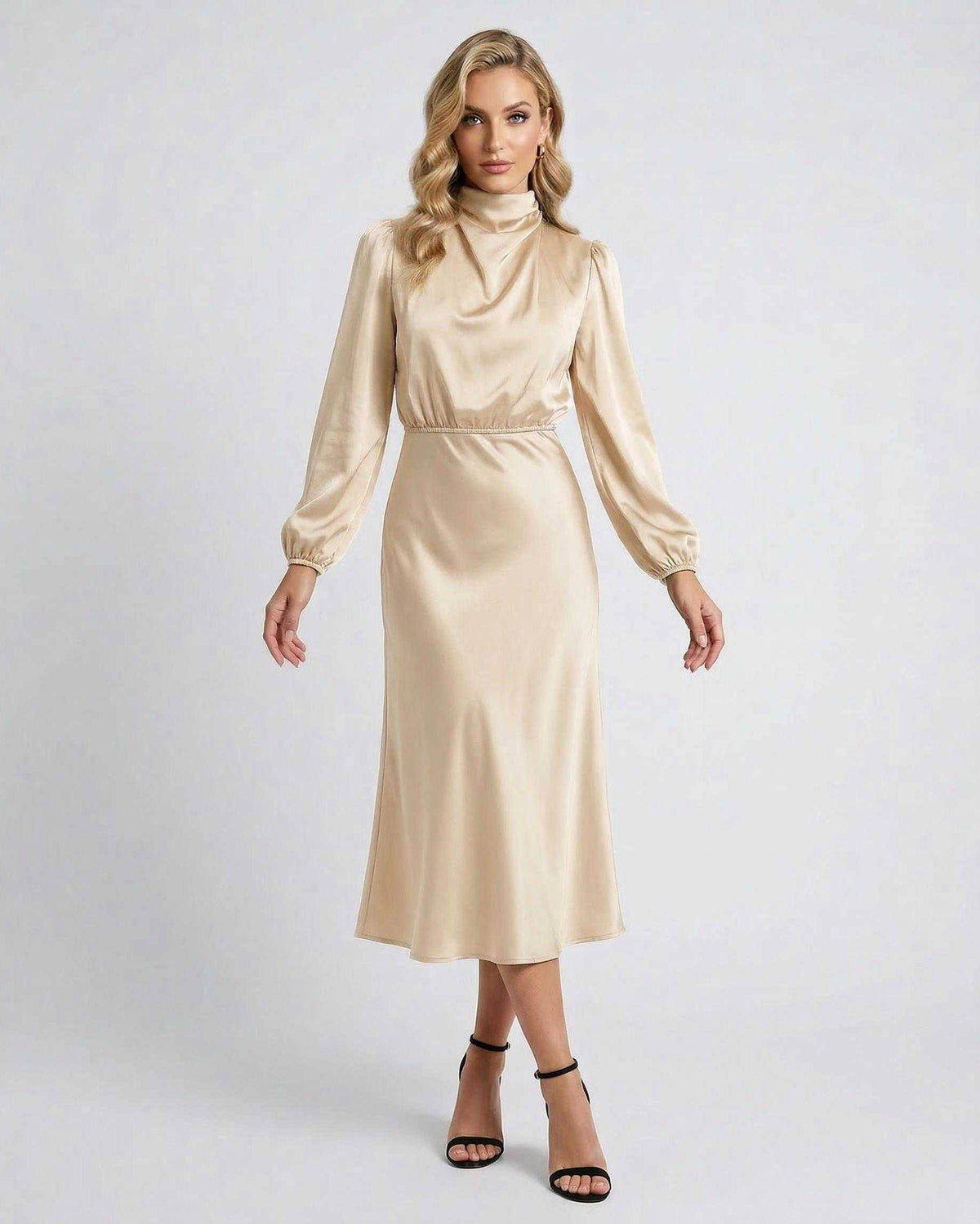 Lauven Sienna Midi Dress champagne satin high neck elegance with long sleeves, flattering silhouette.