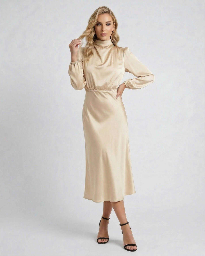 Sienna Midi Dress by Lauven – Champagne satin high neck, long sleeves, and flattering high waist for elegance.