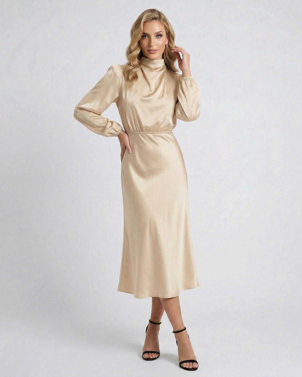 Sienna Midi Dress by Lauven, champagne satin high neck, long sleeves, elegant midi dress.