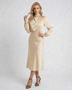 Sienna Midi Dress by Lauven, champagne satin high neck elegance, long sleeves, flattering high waist.
