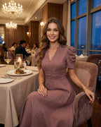 Sienna Midi Dress, mauve color, V-neckline, puffed sleeves, elegant boutique style, Luaven brand celebration.