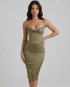 Sienna Midi Dress by Lauven - Olive satin corset dress for elegant evening and cocktail events.
