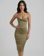 Sienna Midi Dress by Lauven - Olive Satin Corset Dress, perfect for elegant evening and cocktail events.