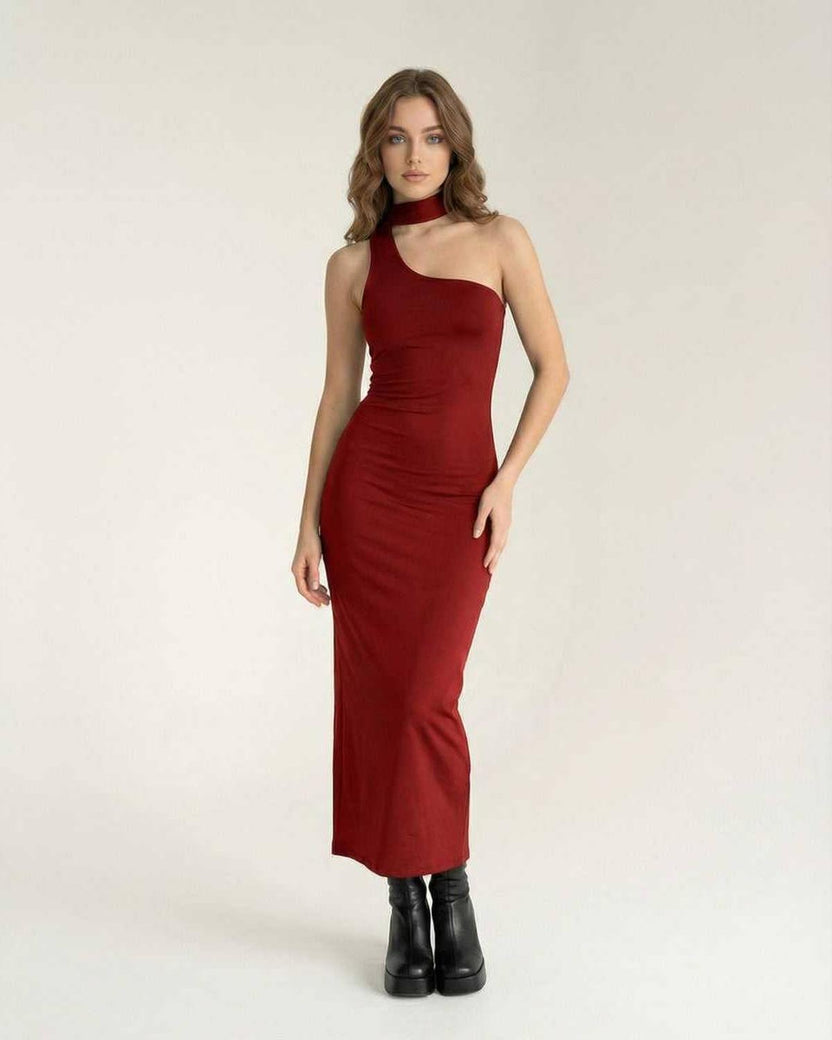 Sienna Midi Dress - Red bodycon dress with halter neck, sculpted fit by Lauven for a modern glamorous look.