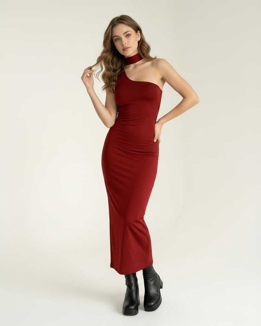 Sienna Midi Dress showcasing red bodycon style with halter neck detail, exuding modern elegance by Lauven.