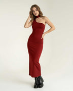 Sienna Midi Dress in red with sculpted bodycon silhouette and halter neck detail by Lauven for a confident look.