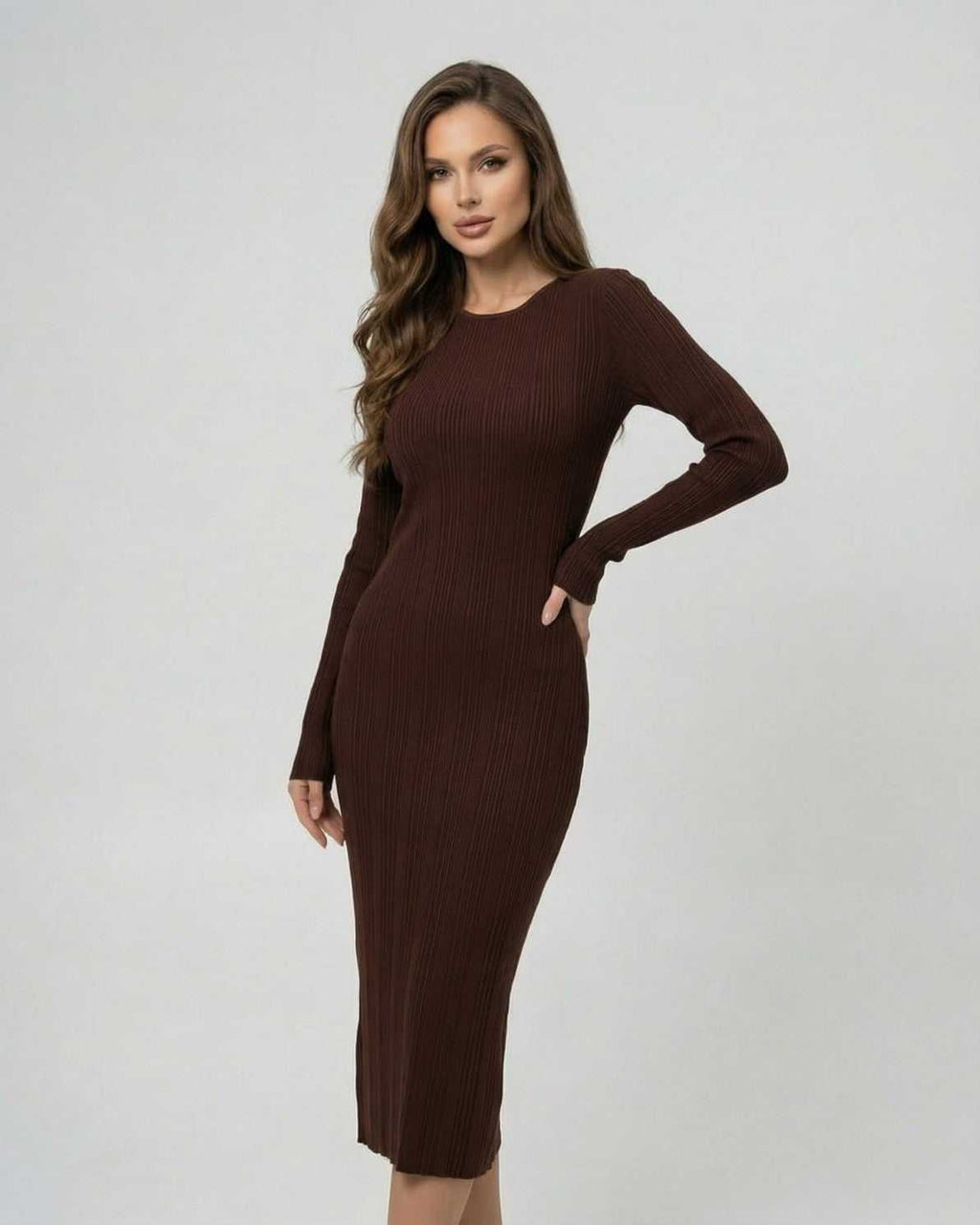 Sienna Midi Dress by Lauven, showcasing a ribbed long sleeve bodycon silhouette in a rich brown color.