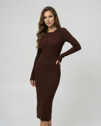 Sienna Midi Dress by Lauven, showcasing a ribbed long sleeve bodycon silhouette in a rich brown color.
