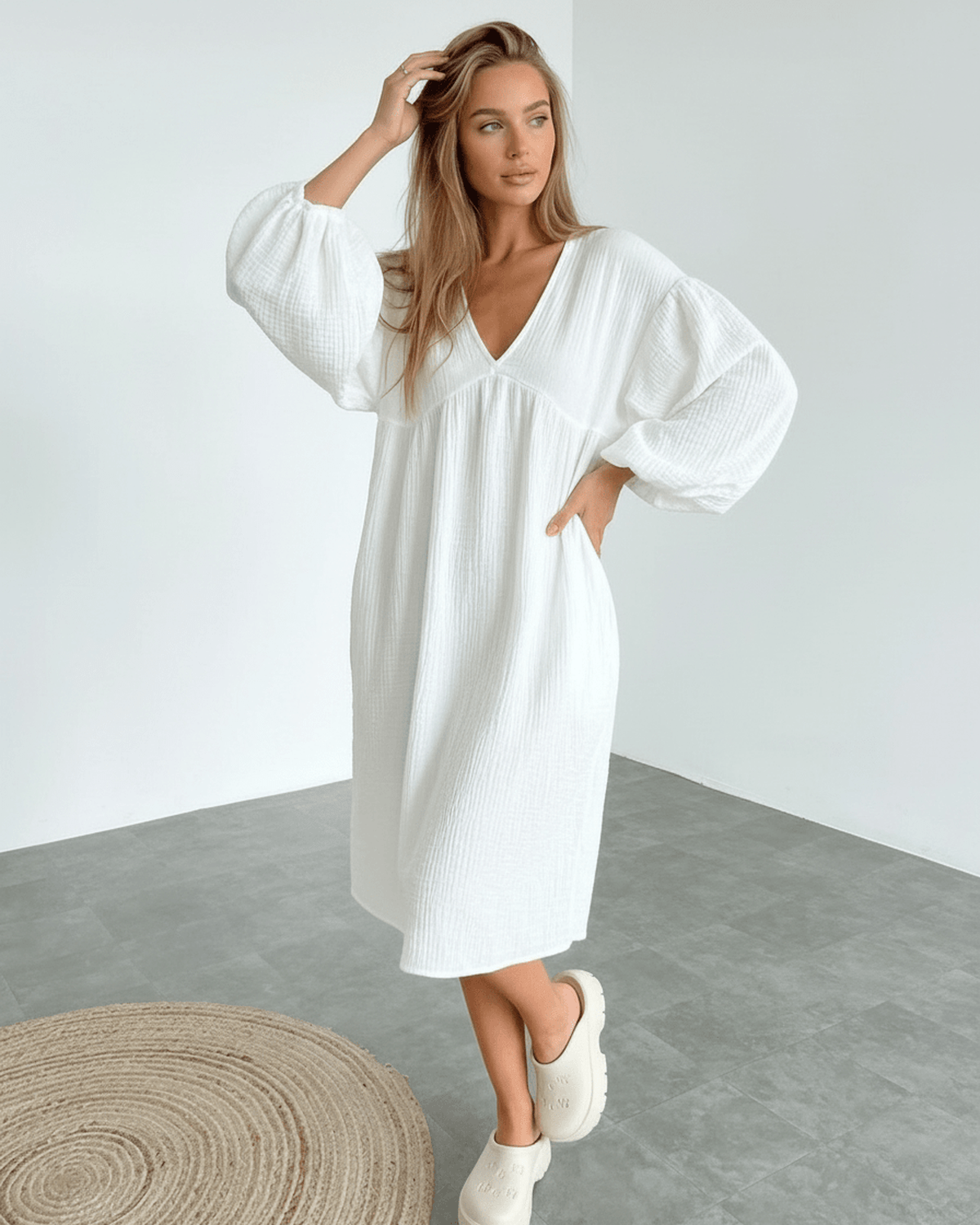 Sienna Midi Dress - White cotton midi dress with puff sleeves, capturing modern femininity and everyday luxury by Lauven.