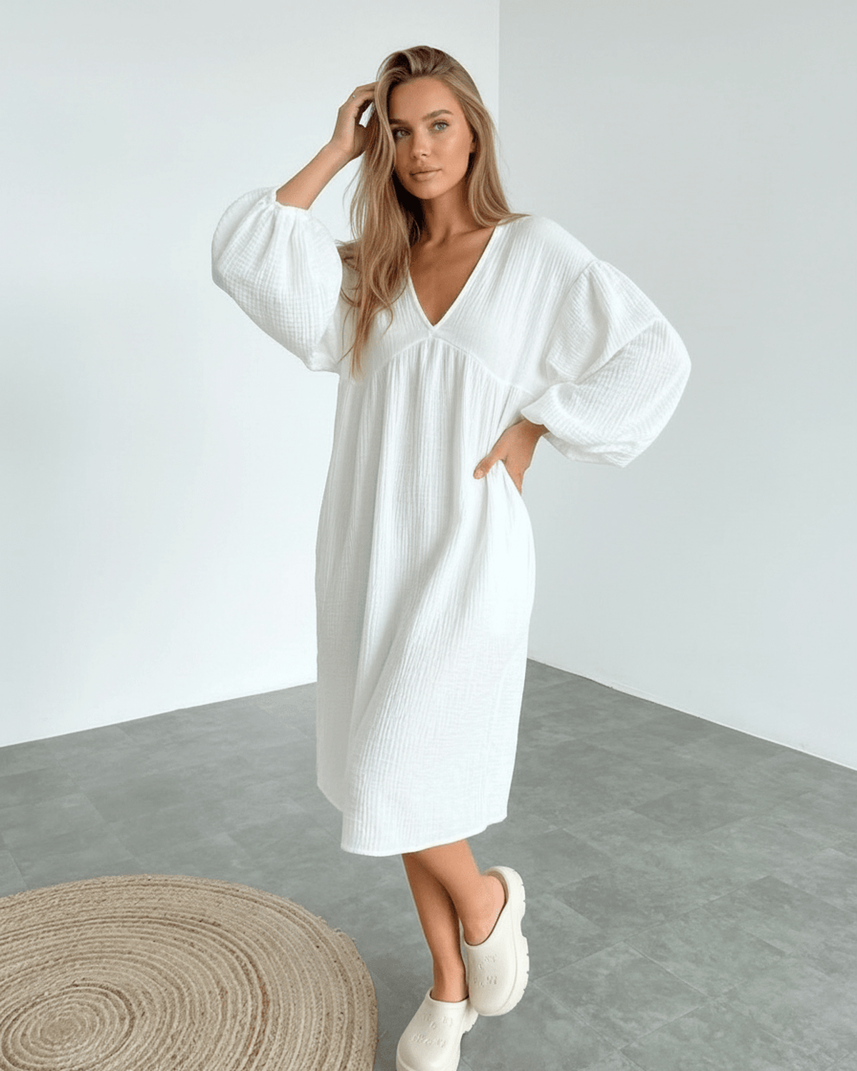 Sienna Midi Dress, white cotton with puff sleeves, relaxed silhouette, everyday luxury by Lauven.