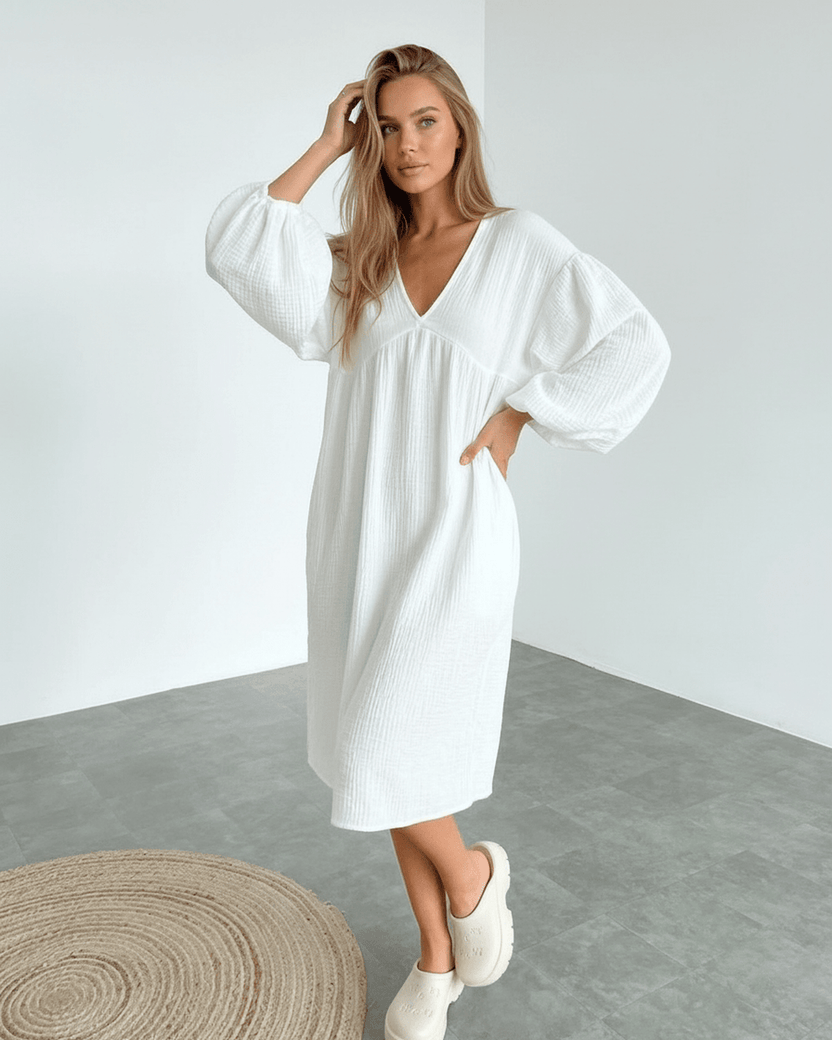 Sienna Midi Dress, white cotton with puff sleeves, relaxed silhouette, everyday luxury by Lauven.