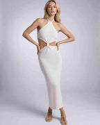 Sienna Midi Dress, white halter neck design, backless elegance, modern minimalist style by Lauven.