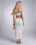 Sienna Midi Dress back view, white halter neck, backless elegance, Lauven brand, modern women's fashion.