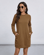 Sienna Mini Dress by Lauven, casual brown sweatshirt dress with pockets, relaxed fit and O-neck design.