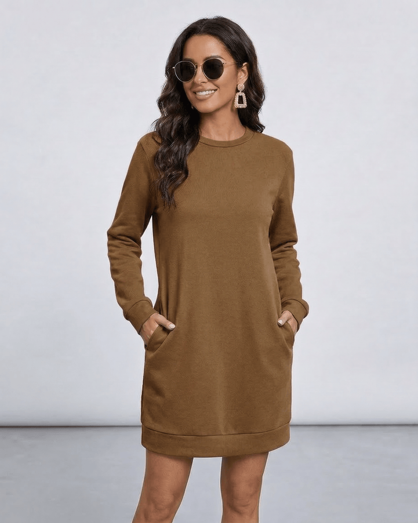 Sienna Mini Dress by Lauven, casual brown sweatshirt dress with pockets, relaxed fit and O-neck design.
