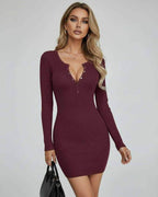 Sienna Mini Dress by Lauven, long sleeve ribbed bodycon mini dress in elegant burgundy with a fitted silhouette.