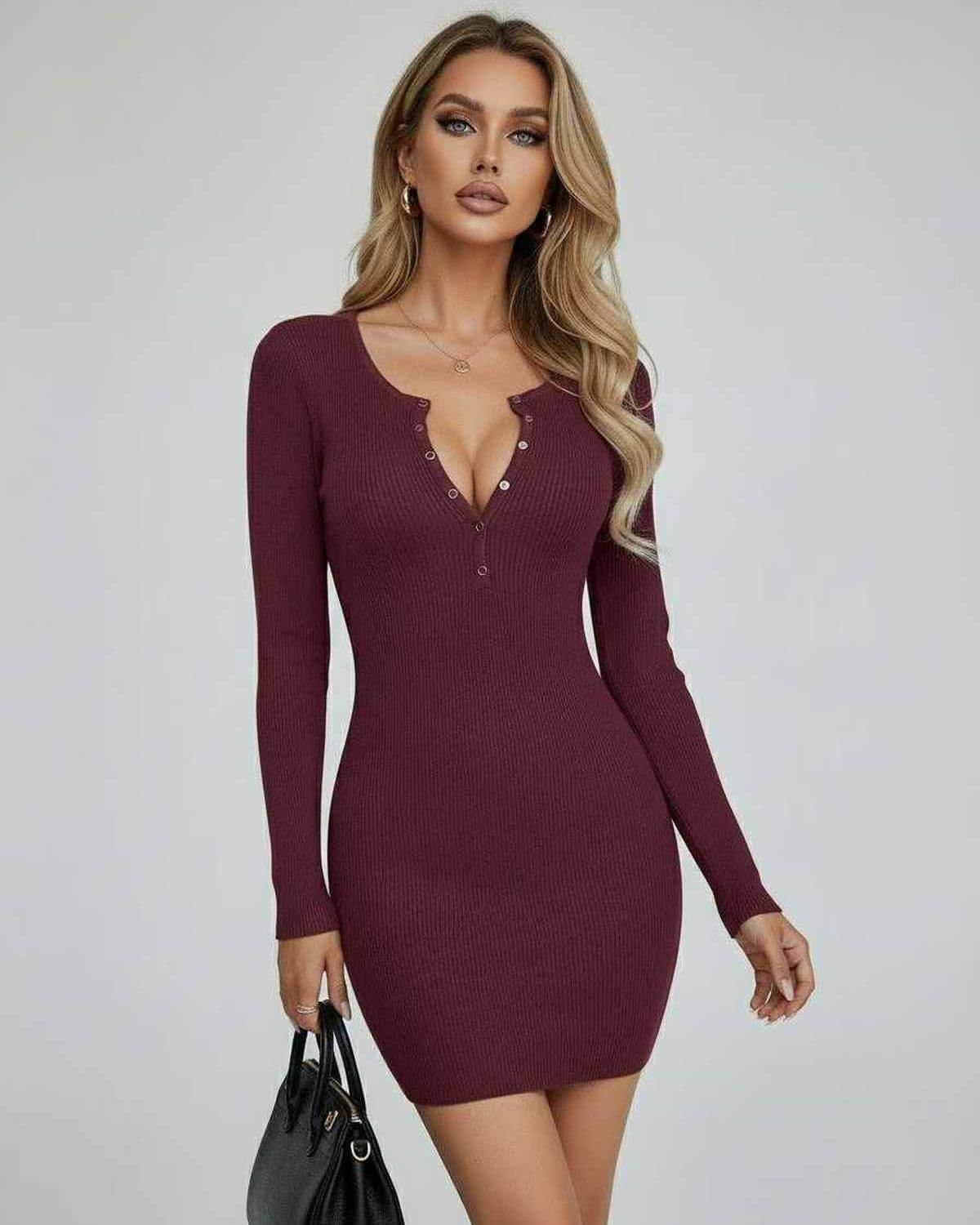 Sienna Mini Dress by Lauven, long sleeve ribbed bodycon mini dress in elegant burgundy with a fitted silhouette.