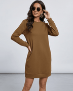 Sienna Mini Dress by Lauven - Casual brown sweatshirt dress with pockets, perfect for all-day wear.