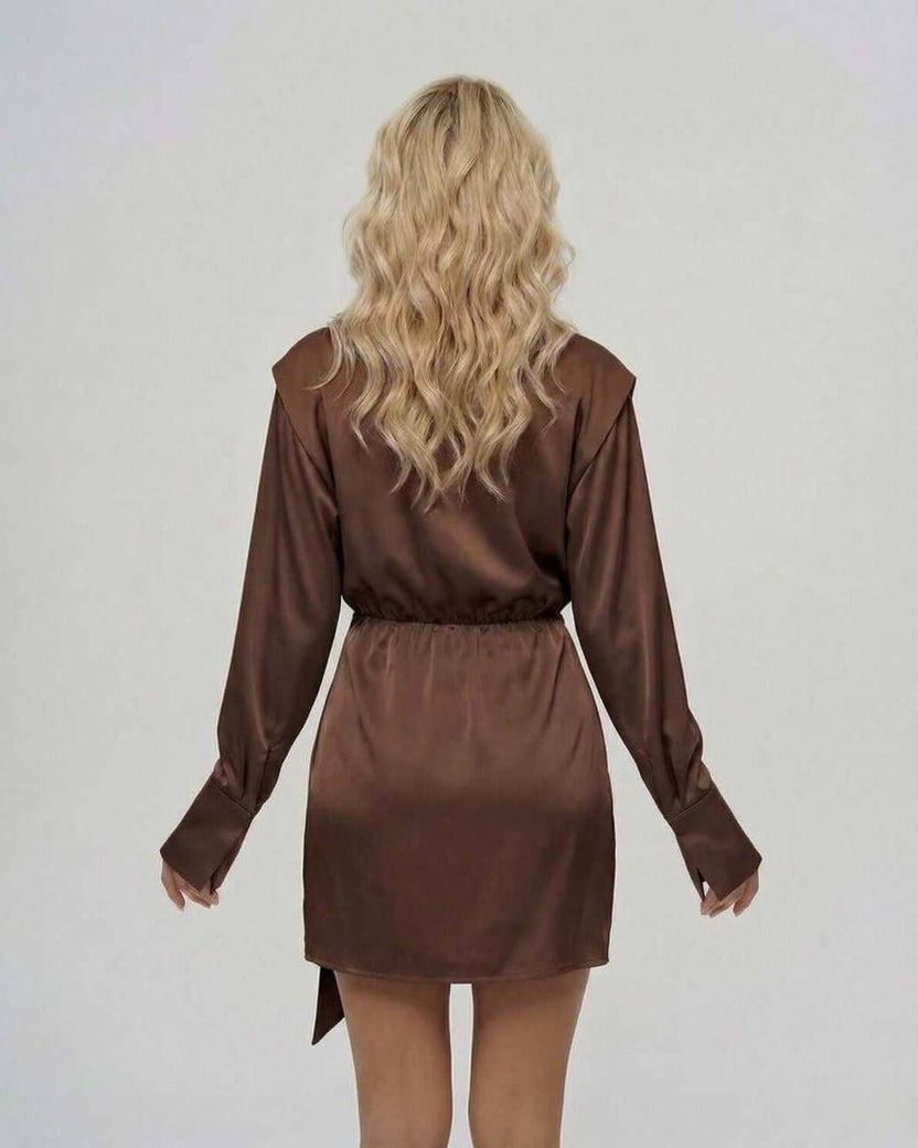 Back view of the Sienna Mini Dress by Lauven, showcasing the luxurious brown satin wrap design with adjustable waist.