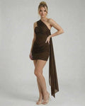 Sienna Mini Dress by Lauven - Elegant one-shoulder bodycon mini dress with draped ruffle detail in brown.
