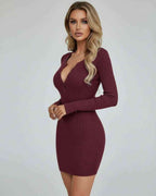 Sienna Mini Dress by Lauven - Elegant burgundy long sleeve bodycon mini dress with ribbed texture.