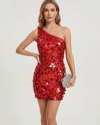 Sienna Mini Dress by Lauven, a red sequin mini dress featuring a one shoulder design and bodycon fit, exuding elegance for evening events.