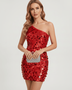 Sienna Mini Dress by Lauven, red sequin mini dress with one shoulder design, sleek bodycon fit, perfect for evening events.