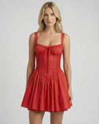 Sienna Mini Dress by Lauven - Red A-Line Mini Dress featuring lace trim and bow detail.