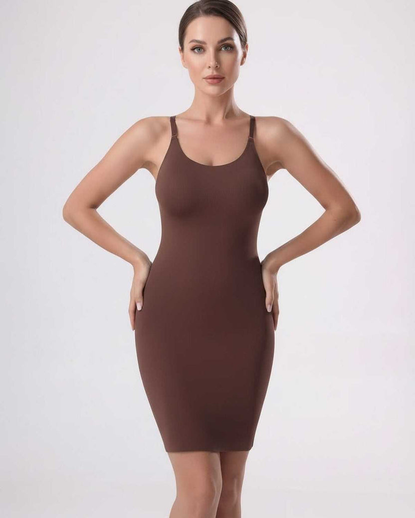 Lauven Sienna Mini Dress showcasing a ribbed knit fabric, sleeveless square neckline, and stylish side slit for elegance.