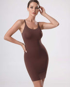 Lauven Sienna Mini Dress with ribbed knit, sleek silhouette, and adjustable spaghetti straps. Perfect for elegant styling.