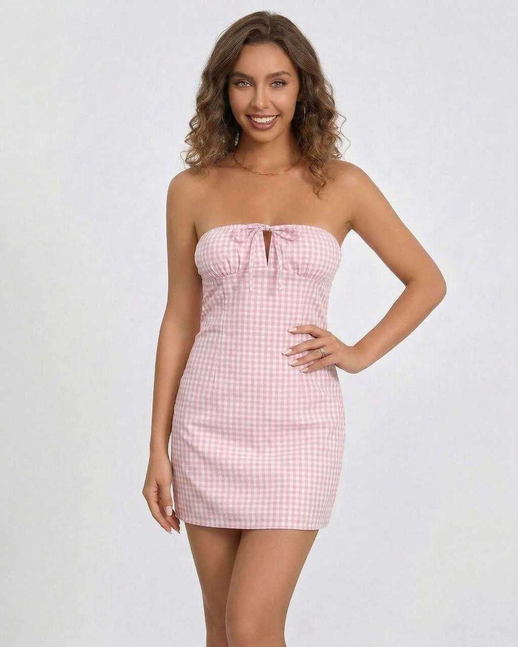 Sienna Mini Dress by Lauven, strapless pink gingham summer dress with a sleek silhouette.