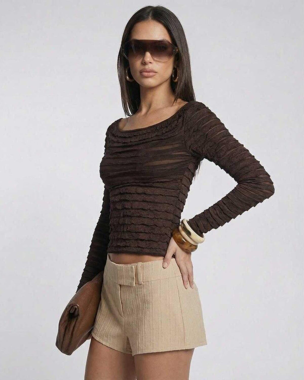 Sienna Pullover by Lauven - Women's brown long sleeve slim fit pullover with a round neck and textured finish.