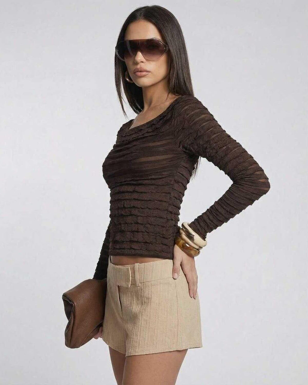 Sienna Pullover by Lauven - Women’s brown long sleeve slim fit pullover with round neck, styled with chic accessories.