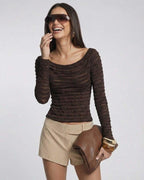 Sienna Pullover by Lauven – Women’s brown slim fit long sleeve top with round neck and textured finish.