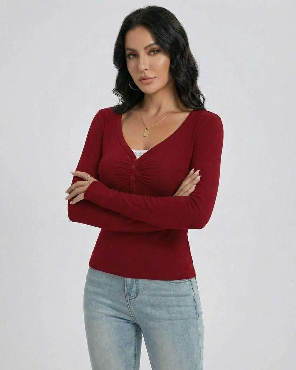 Sienna Pullover by Lauven – Women’s Slim Fit V-Neck Long Sleeve Pullover in rich red with button detail.