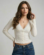 Sienna Pullover by Lauven - Women’s Lace V-Neck Long Sleeve Sweater in cream with delicate lace trim.