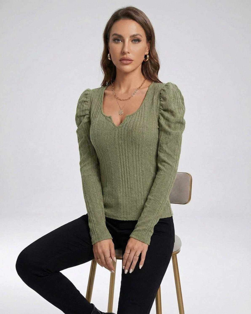 Sienna Pullover by Lauven - Women's ribbed knit pullover sweater in olive green with long sleeves.