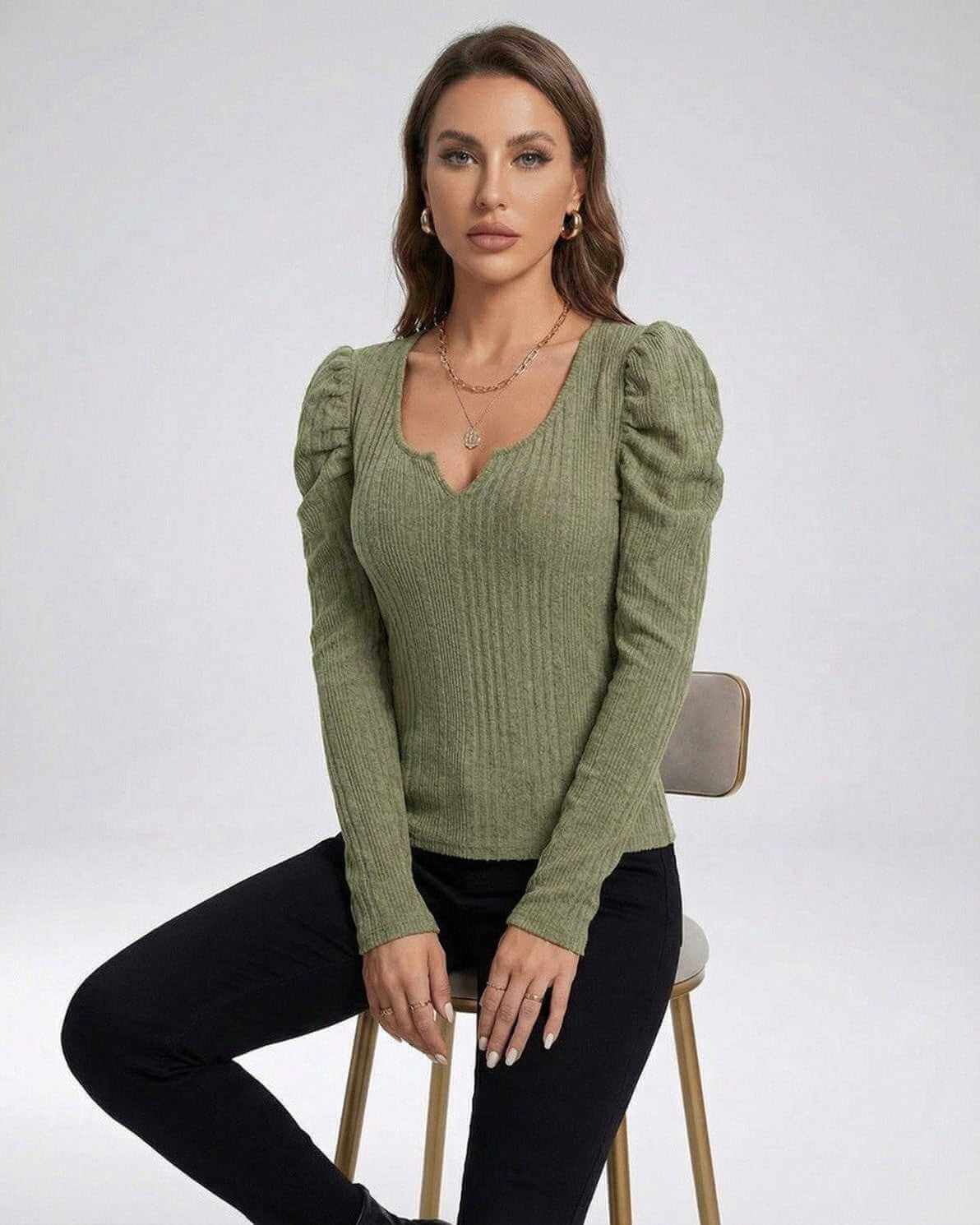 Sienna Pullover by Lauven - Women's ribbed knit pullover sweater in olive green with long sleeves.
