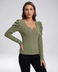 Sienna Pullover by Lauven, women’s ribbed knit long sleeve pullover sweater in olive green with structured neckline.