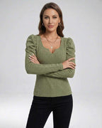 Sienna Pullover by Lauven – Women’s Ribbed Knit Pullover Sweater in olive green with long sleeves and structured neckline.