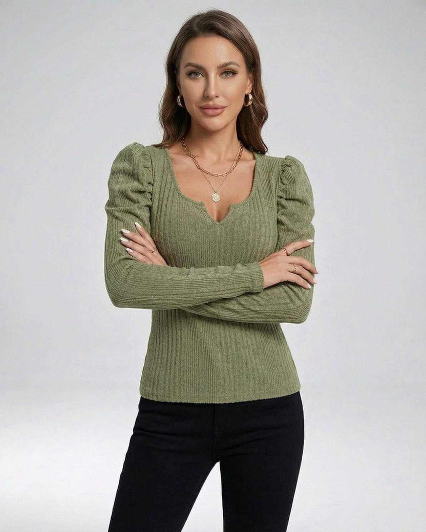 Sienna Pullover by Lauven – Women’s Ribbed Knit Pullover Sweater in olive green with long sleeves and structured neckline.