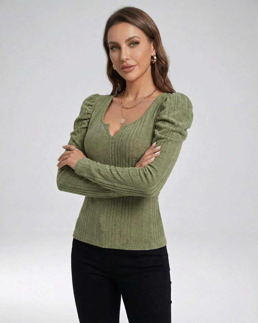 Sienna Pullover by Lauven – Women’s ribbed knit sweater with structured square neckline in green.