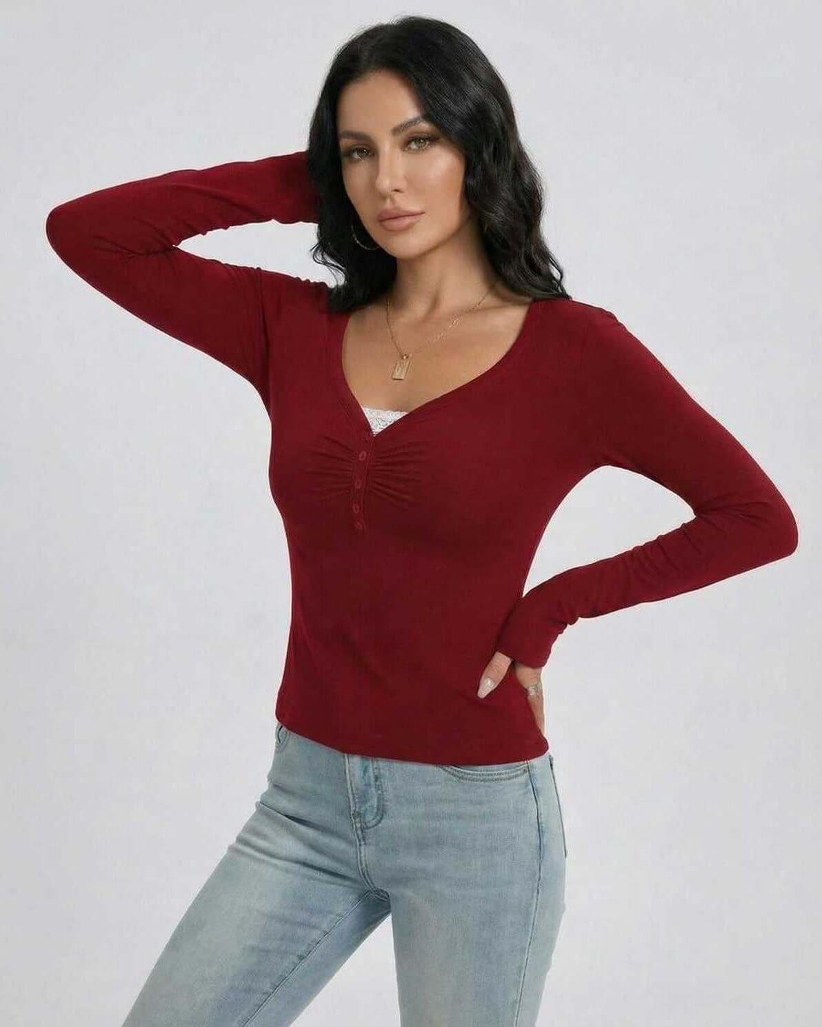 Sienna Pullover by Lauven – Women's slim fit V-neck long sleeve top in red with button detail.